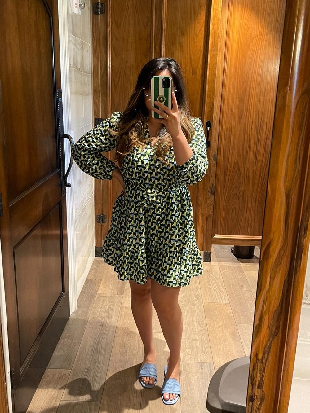 Zara Black, Green and Blue Geometric Tie-Waist Mini Dress